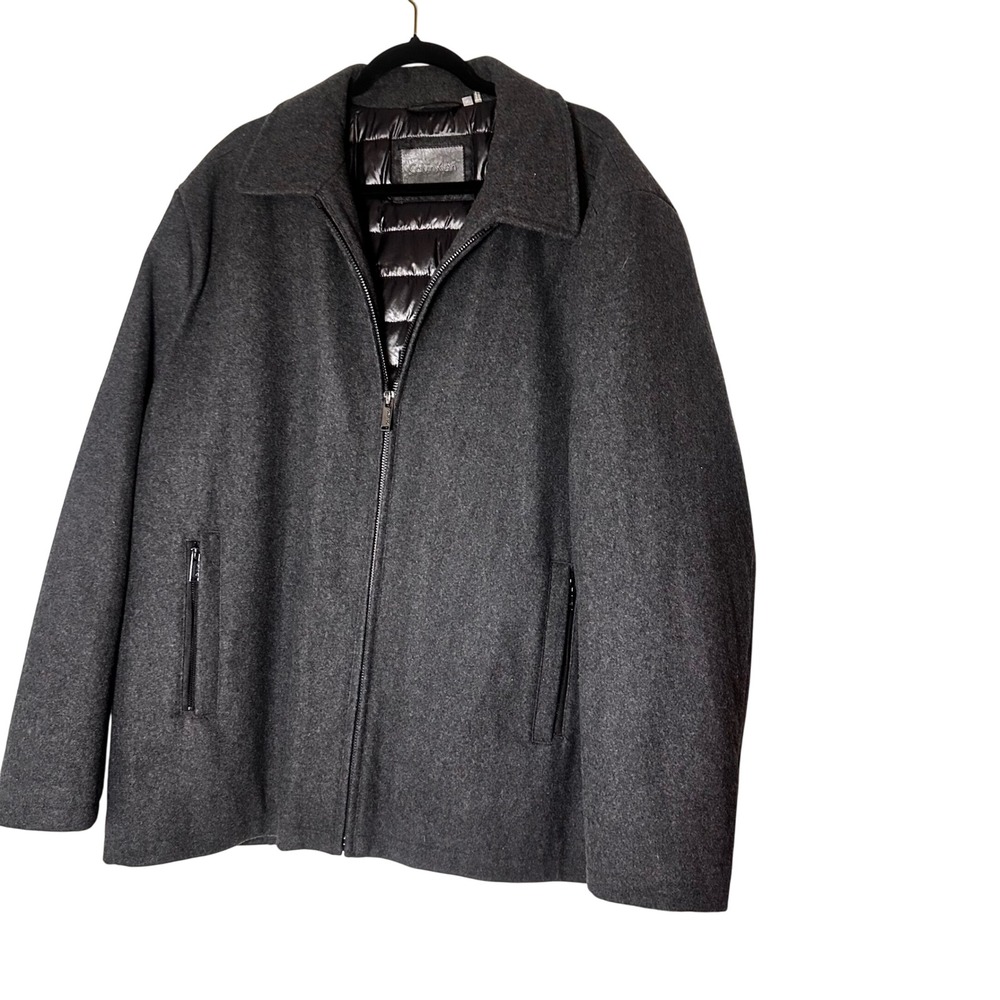 Calvin Klein Mens 2XLT Charcoal Gray Wool Blend‎ Quilted Lined Zip Jacket Coat